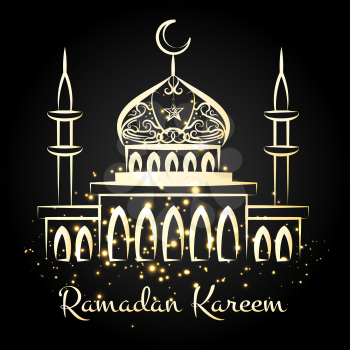 Ramadan kareem night mosque with golden lights. Vector illustration