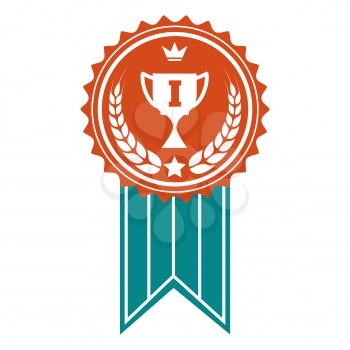 Winner badge design. Vector colorful award with crown wheat wreath and cup