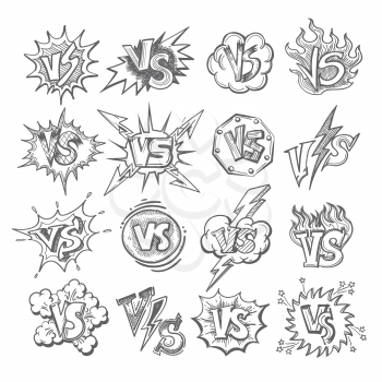 Versus sketsh labels isolated on white background. Doodle pop art vs letters for confrontation duel concepts