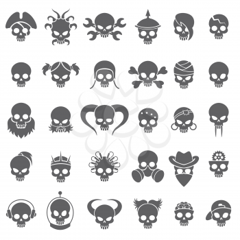 Skull icons vector set. Skulls signs for bikers tattoo, halloween decor and rocker emblems