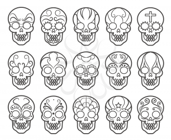 Mexican sugar skull icon set. Spooky day of the dead skulls vector icons for mexico carnival