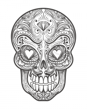 Sugar skull tattoo vector illustration. Mexican calavera painting art with hearts isolated on white background