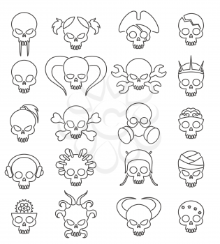 Cartoon cute skull linear icon set. Vector line skulls signs, death face with bones