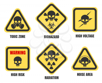 Skull signs, death notice isolated on white background. High voltage and radiation, biohazard, toxic zone and radiation vector symbols set