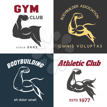 Fitness center logo set. Power bicep gym man arms flex emblems. Vector illustration