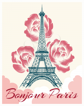 Bonjour or hello Paris retro poster. French spring and summer vector illustration with eiffel tower and flowers for girls fashion design