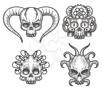 Hand drawn monsters skull set vector illustration. Evil Skulls with horns, dynamite and brain of gears for tattoos isolated on white background
