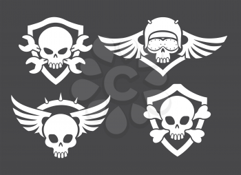 Motorbike riders skull signs. Vector biker club road symbols with skeleton skulls with wings and helmet