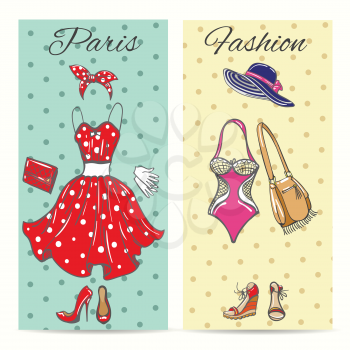 Paris fashion clothes cards for ladies boutique vector illustration. Summer dress and shoes, women hat and handbag