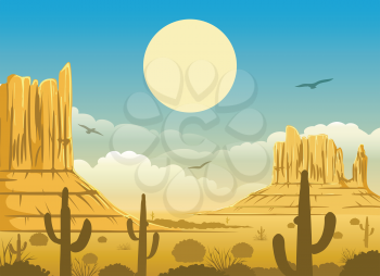 Western cartoon mexican desert sunset horizonte panorama background with mountains, sky and cactuses