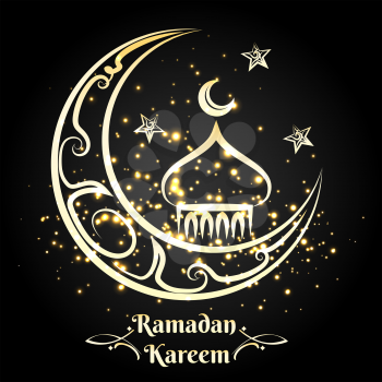 Ramadan Kareem logo design, vector illustration. Golden arabic mosque with moon and stars on black background