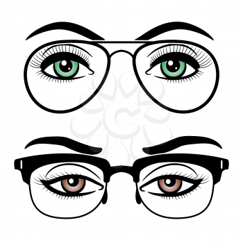 Female eyes with glasses isolated on white background. Green and brown woman eyes with glasses, vector illustration