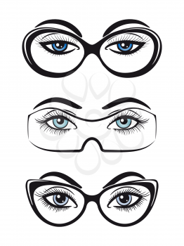 Female eyes with glasses set isolated on white background. Vector illustration