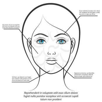 Blue eyes female face isolated on white background. Female face information poster design. Vector illustration