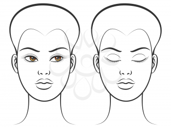 Brown eyes female face with open and close eyes. Vector illustration