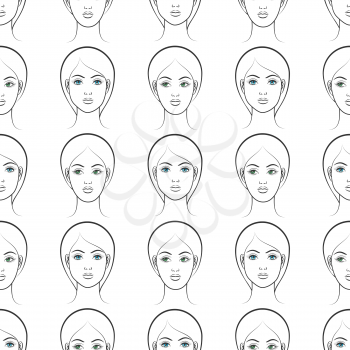 Female faces seamless pattern. Vector seamless texture with blue and green eyes female faces