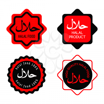 Red and black halal food labels or stickers isolated on white background. Vector illustration