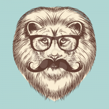Hipster lion with eyeglasses and mustache. Vector animal vintage print design