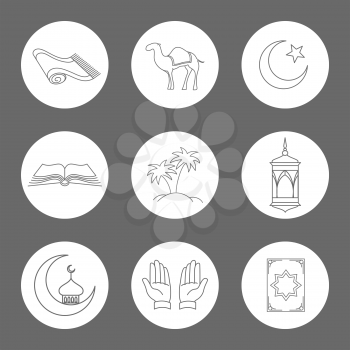 Arabic linear icons set. Vector muslim symbols on white rounds