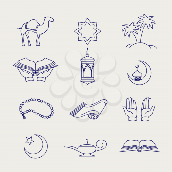 Ballpoint pen arabic muslim line signs on grey background. Vector illustration