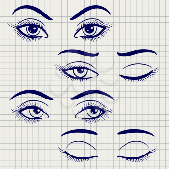 Ballpoint pen hand drawn female eyes. Vector open and closed eyes on notebook page