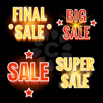 Sale lettering sign vector illustration. Colorful shining sale banners on black backdrop