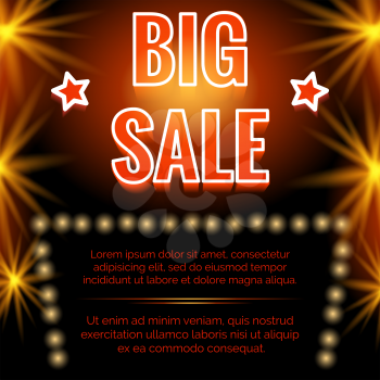 Shining big sale poster design with black backdrop. Vector illustration
