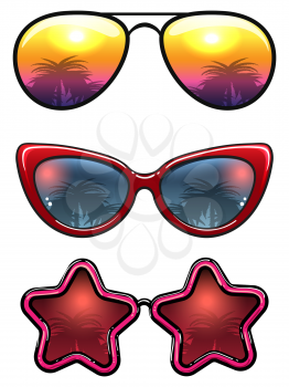 Fashion sunglasses collection with palm trees, vector illustration