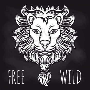 Hand drawn hipster lion on blackboard. Vector lion sketch and free wild lettering signs