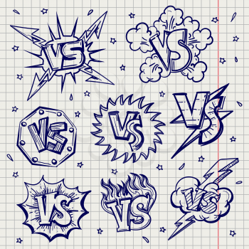 Ballpoint pen drawing versus or VS confrontation labels on notebook page. Vector illustration