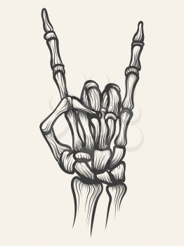 Hand drawn devil skeleton heavy metal bones hand horn. Vector illustration