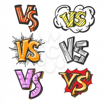 Hand drawn versus or VS confrontation vector illustration. Colorful cartoon VS labels on white background