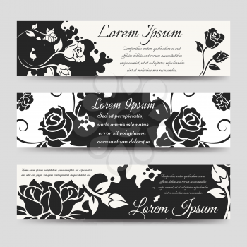 Horizontal banners template with splashes shape silhouettes and flowers. Vector illustration
