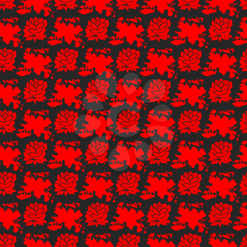 Seamless patten with red roses in inky splashes, vector illustration