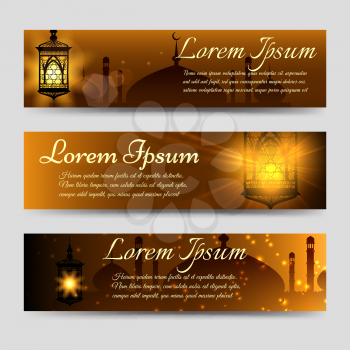 Shining arabic banners template with mosque and light. Vector illustration