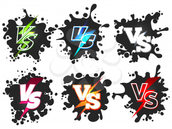 Versus or VS confrontation on black splashes shape silhouettes. Vector illustration