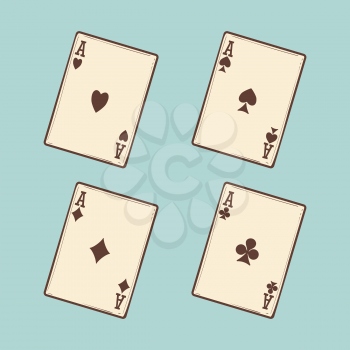 Black jack cards collection on blue background. Vector four aces vintage style