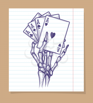Hand drawn black jack bones on line page. Vector illustration of four aces in skeleton hand