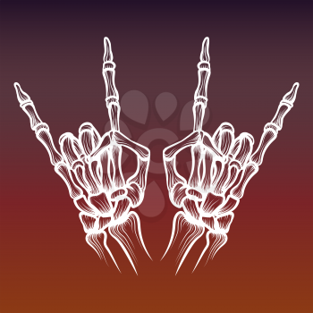 Hand drawn skeletone bones hand heavy metal on colorful backdrop. Vector illustration
