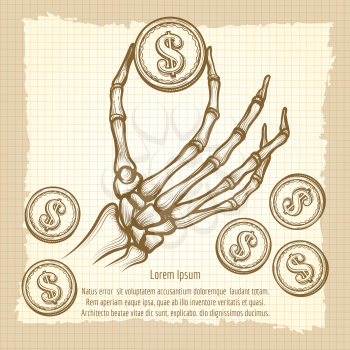 Hand drawn skeleton hand with coin. Vector money vintage poster