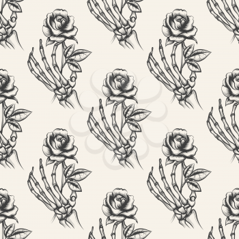 Skeleton arm sketch with rose vector seamless pattern. Background with hand drawn bones hand an flower
