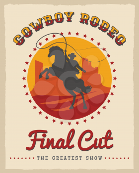 Cowboy rodeo poster vector illustration. American country style texas western vintage placard design template