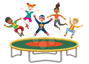 Energetic kids jumping on trampoline isolated on white background. Active happy girls and boys have fun gymnastic on the trampoline vector illustration