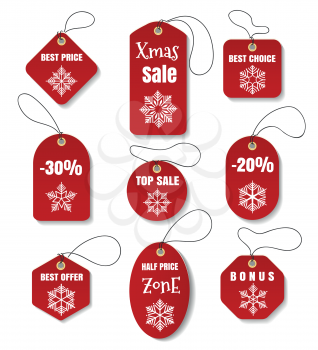 Red christmas holidays tags isolated on white background. Xmas paper sale and bonus tag collection vector illustration