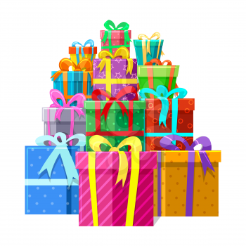 Big surprise vector illustration. Gifts or presents boxes pile isolated on white background for celebration design