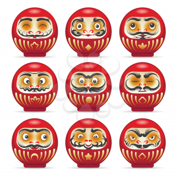Red daruma dolls from japan isolated on white. Dharma charming pop culture japanese monk daruma doll temples vector
