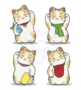 Maneki neko japan cat doll set. Charming vector hand drawn chinese or japanese lucky cat mascot isolated on white background