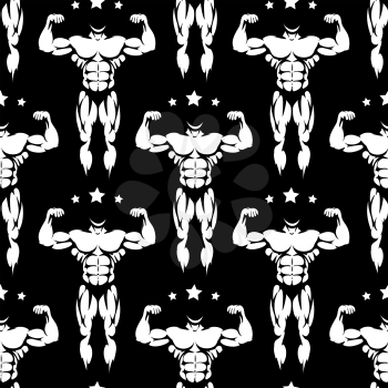 White male athletic body silhouettes and stars seamless pattern. Vector black and white athletic seamless background