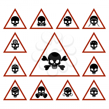 Danger icons with skulls in red triangles, vector illustration