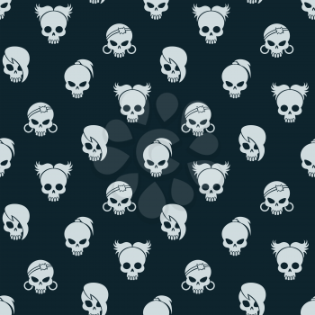 Girl skull seamless pattern. Vector cute skull seamless texture on dark background